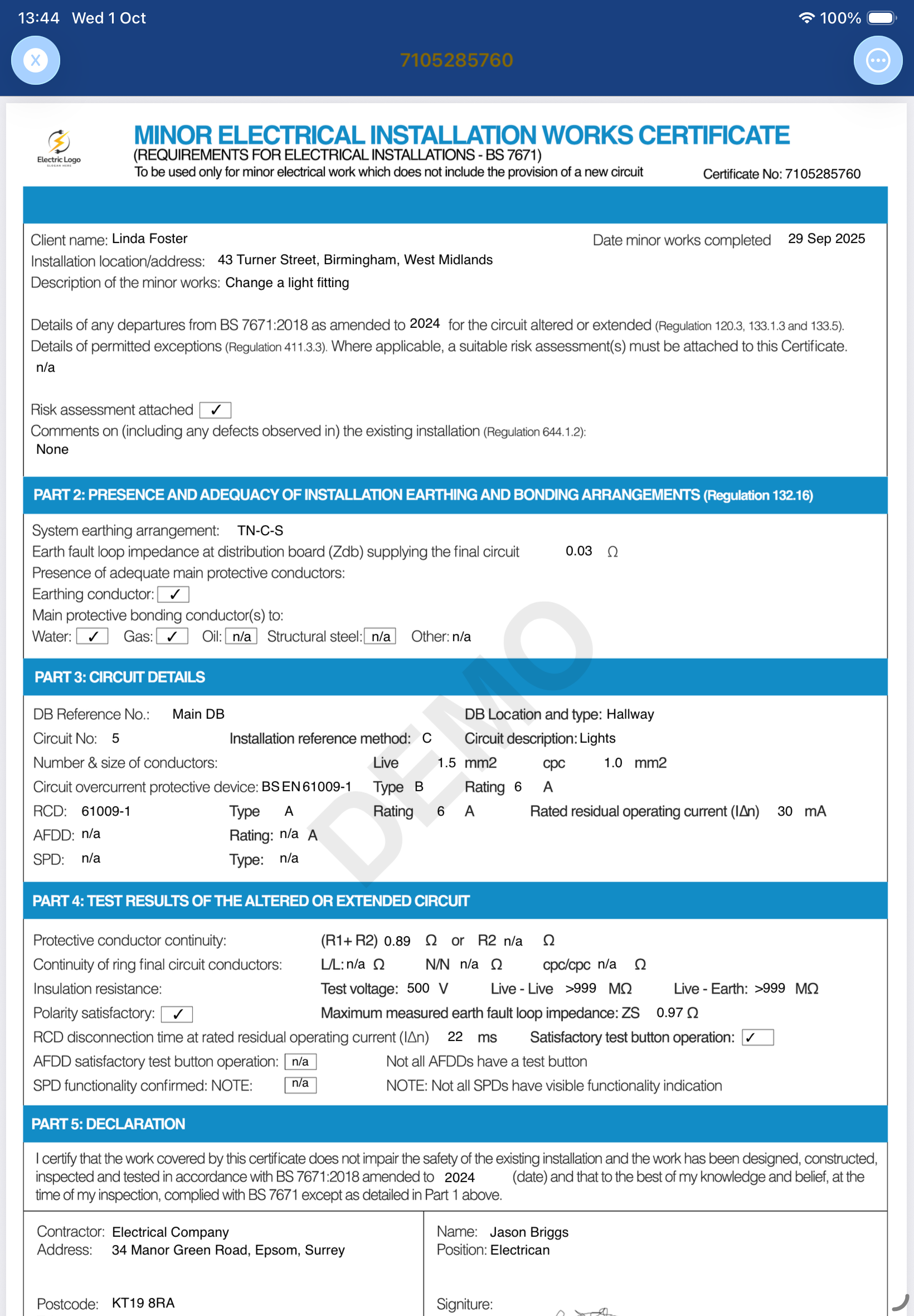 Sparta Certs Professional PDF Electrical Certificate - EIC EICR Certificate Example